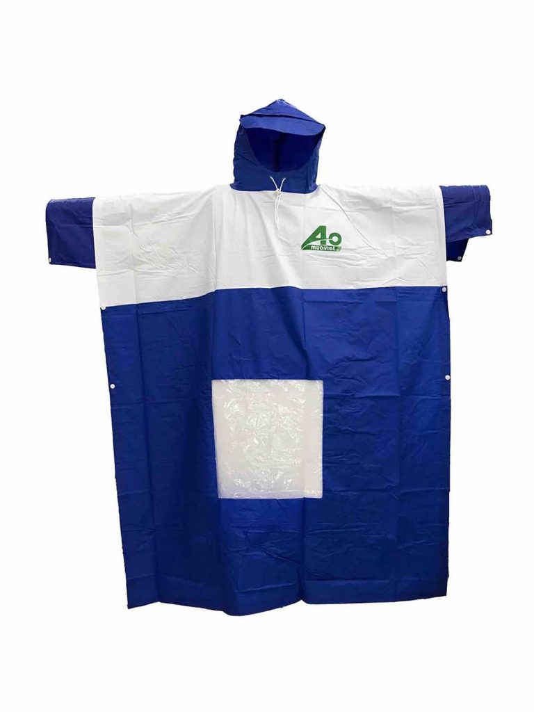 Áo mưa trắng phối xanh in logo – Đồng Phục Vàng