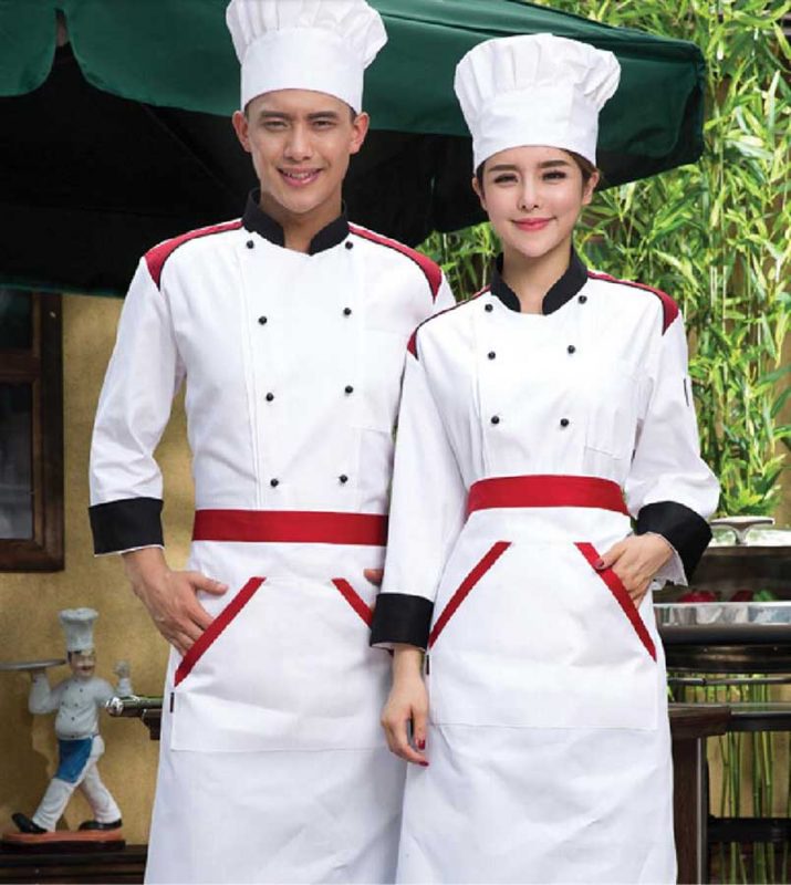 Áo bếp trắng phối đỏ nam nữ – Đồng Phục Vàng