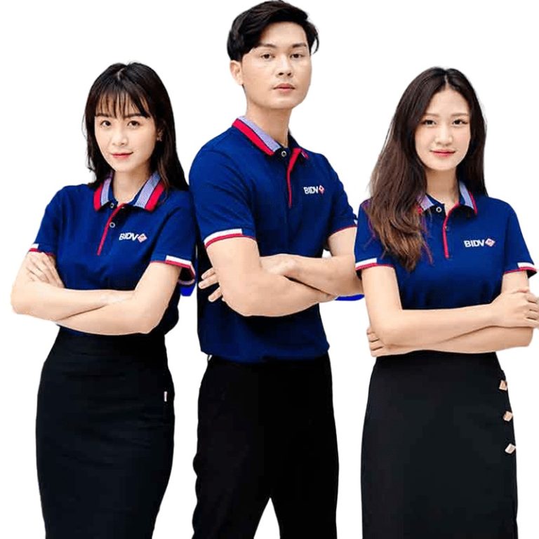 Polo xanh dương viền đỏ trắng – Đồng Phục Vàng