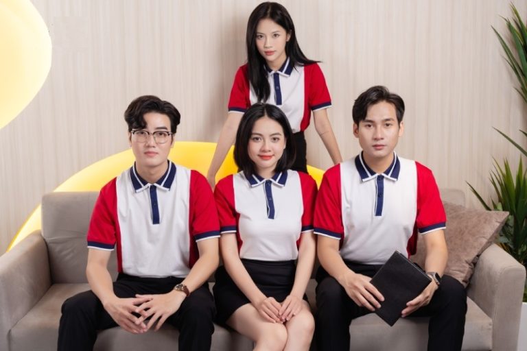 Polo trắng phối đỏ – đen – Đồng Phục Vàng