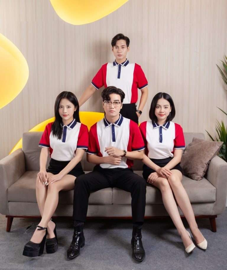 Polo trắng tay đỏ cổ navy – Đồng Phục Vàng