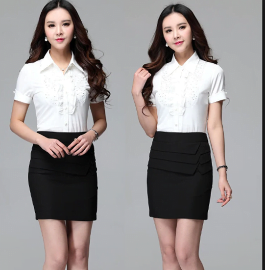 Chân váy đen, sơ mi trắng bèo – đồng phục công ty Đồng Phục Vàng